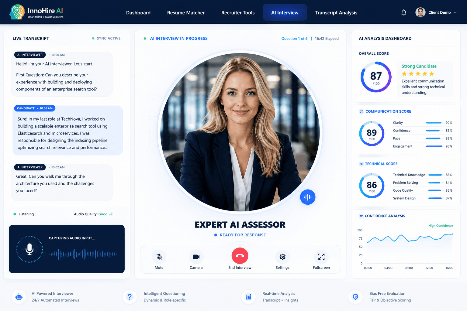 ROVIEN Auto interview in progress with live transcript and analysis